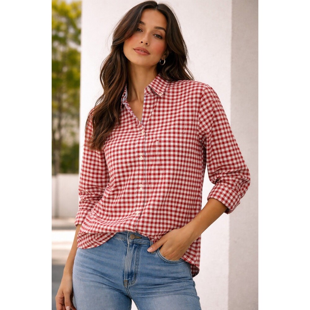 Saddlebred Woman Red White Check Button Down Shirt Long Sleeve Casual Plaid XL